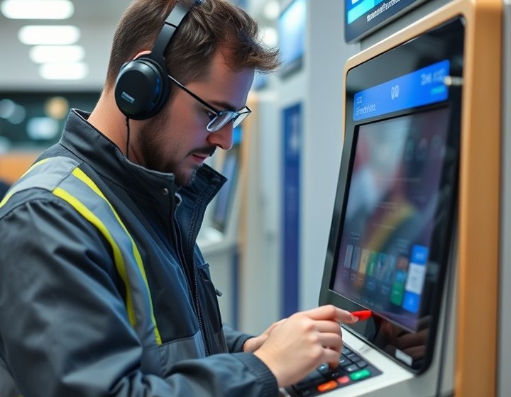 Especialista revisando la lectora de tarjetas de un terminal